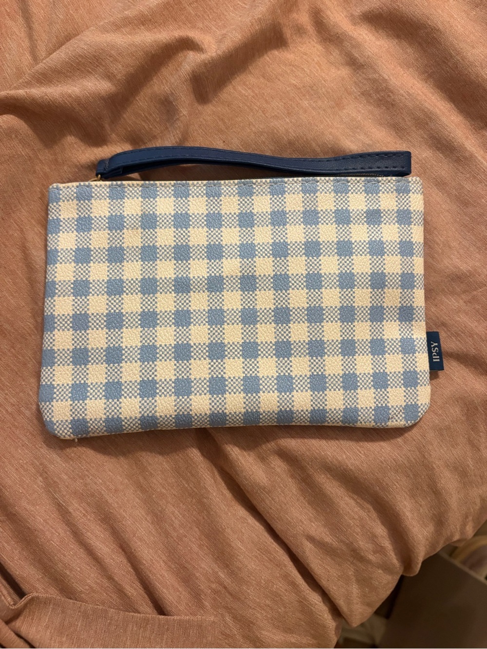 ipsy Blue and Cream Gingham Wristlet Pouch